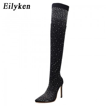 Crystal Stretch Fabric Sock Boots Pointy Toe Over-the-Knee Heel Thigh High Pointed Toe Woman Boot